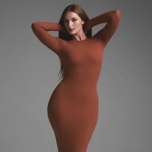SKIMS Long Sleeve Bodycon Dress in Burnt Orange